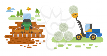 Agricultural machinery vector icon set isolated on white scene. Farming, harvesting, gardening. Illustration vector design