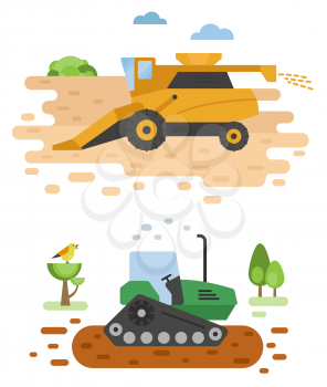 Agricultural machinery vector icon set isolated on white scene. Farming, harvesting, gardening. Illustration vector design