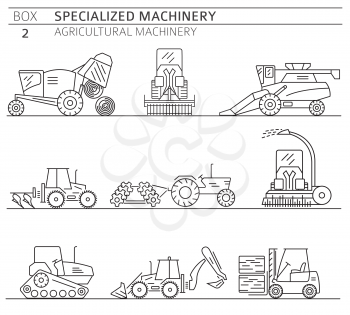 Special agricultural machinery linear vector icon set isolated on white. Illustration