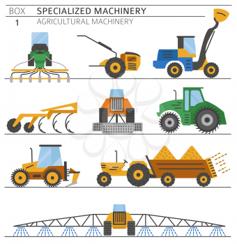 Special agricultural machinery colored vector icon set isolated on white. Illustration