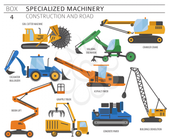 Special industrial construction and road machine coloured vector icon set isolated on white. Illustration