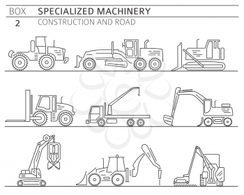 Special industrial construction and road machine linear vector icon set isolated on white. Illustration