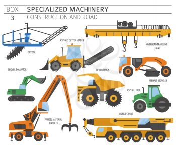 Special industrial construction and road machine coloured vector icon set isolated on white. Illustration