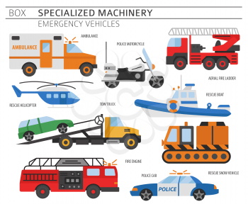 Specialized machines, emergency vehicles colour vector icon set isolated on white. Illustration