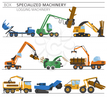 Special industrial logging machine colour vector icon set isolated on white. Illustration