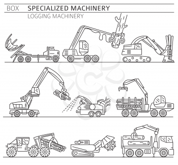 Special industrial logging machine linear vector icon set isolated on white. Illustration