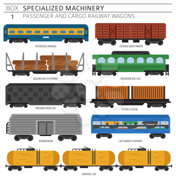 Special machinery collection. Passenger and cargo railway wagons vector icon set isolated on white. Illustration