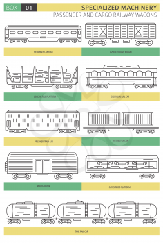 Special machinery collection. Passenger and cargo railway wagons linear vector icon set isolated on white. Illustration