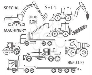 Construction equipment and special machinery linear vector icon set. Illustration