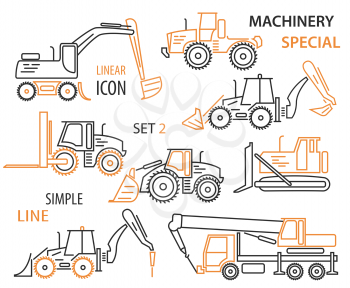 Construction equipment and special machinery linear vector icon set. Illustration