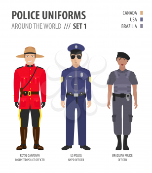 Police uniforms around the world. Suit, clothing of american police officers vector illustrations set