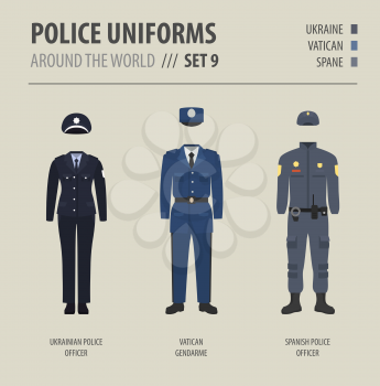 Police uniforms around the world. Suit, clothing of european police officers vector illustrations set