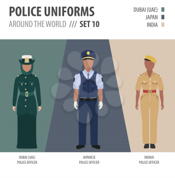 Police uniforms around the world. Suit, clothing of asian and arabian police officers vector illustrations set