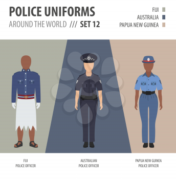 Police uniforms around the world. Suit, clothing of australian and oceanian police officers vector illustrations set