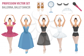 Profession and occupation set. Ballerina equipment flat design icon. Different suits of ballet dancer. Vector illustration 