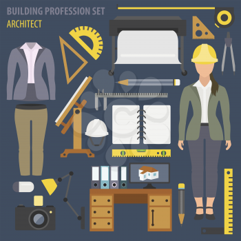 Profession and occupation set. Architect tools workplace equipment. Vector illustration 
