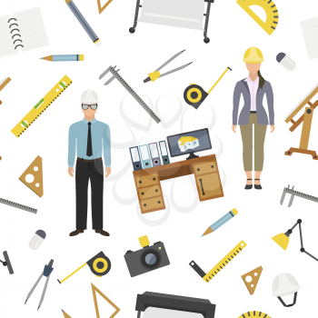 Profession and occupation set. Architect tools workplace equipment seamless pattern. Vector illustration 