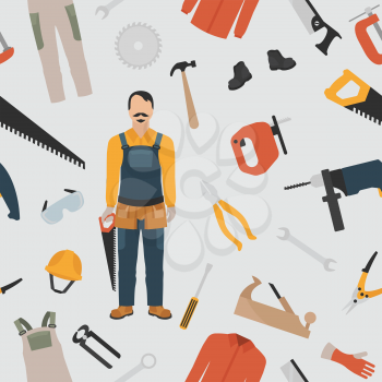 Profession and occupation set. Carpenter tools and  equipment. Seamless pattern. Vector illustration 