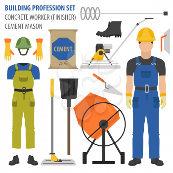 Profession and occupation set. Concrete worker tools and  equipment, mason`s uniform flat design icon.Vector illustration 