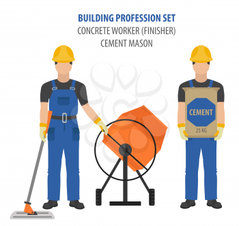 Profession and occupation set. Concrete worker tools and  equipment, mason`s uniform flat design icon.Vector illustration 