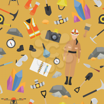 Profession and occupation seamless pattern. Geologist tools and equipment. Uniform flat design icon. Vector illustration 