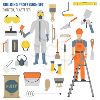 Profession and occupation set. Plasterer and painter tools and  equipment. Uniform flat design icon.Vector illustration 