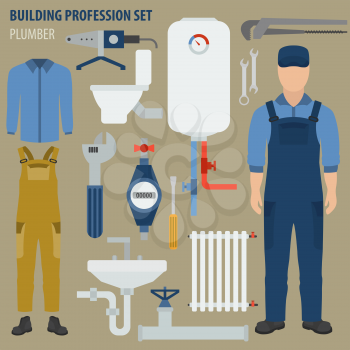 Profession and occupation set. Plumber tools and equipment. Uniform flat design icon. Vector illustration 