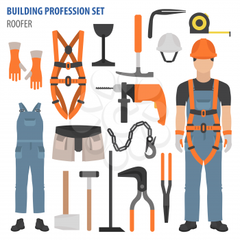 Profession and occupation set. Roofer tools and equipment. Uniform flat design icon. Vector illustration 