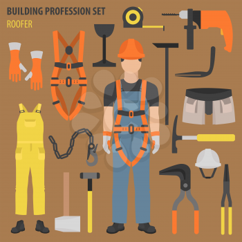Profession and occupation set. Roofer tools and equipment. Uniform flat design icon. Vector illustration 