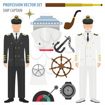 Profession and occupation set. Ship captain suit and equipment. Uniform flat design icon. Vector illustration 