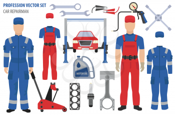 Profession and occupation set.Car repairman`s equipment, car repair station staff uniform flat design icon. Vector illustration 