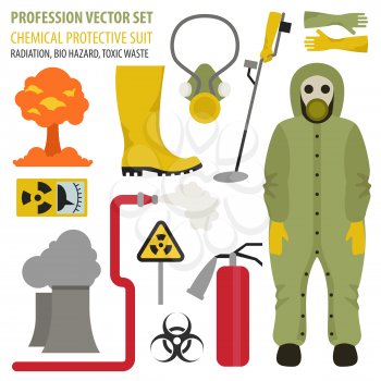 Profession and occupation set. Chemical protective suit flat design icon. The rescuer eliminates radiation, toxic waste. Vector illustration 