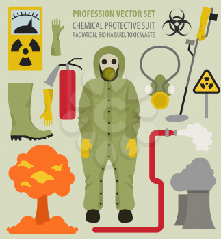 Profession and occupation set. Chemical protective suit flat design icon. The rescuer eliminates radiation, toxic waste. Vector illustration 