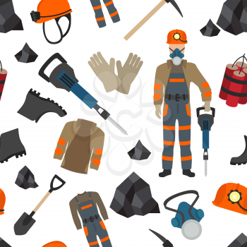 Profession and occupation set. Coal mining equipment, miner tools seamless pattern.Vector illustration 