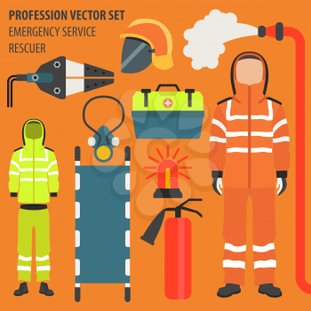 Profession and occupation set. Rescuer`s equipment, emergency service staff uniform flat design icon.Vector illustration 