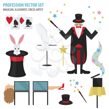 Profession and occupation set. Magician, illusionist, circus artist flat design icon. Vector illustration 