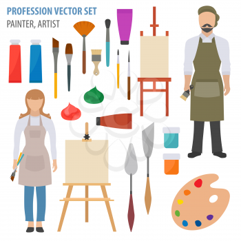 Profession and occupation set. Painter, artist accessories flat design icon.Vector illustration 
