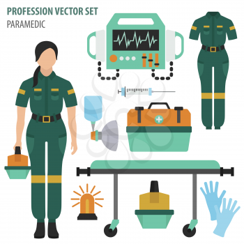 Profession and occupation set. Paramedic`s equipment, medical staff uniform flat design icon.Vector illustration 