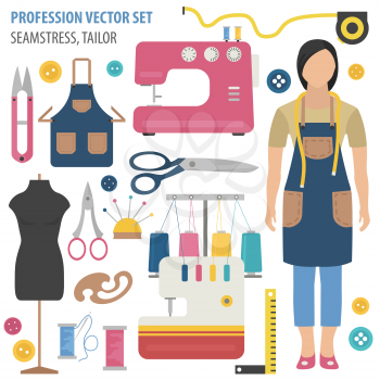 Profession and occupation set. Seamstress and tailor equipment, uniform flat design icon.Vector illustration 