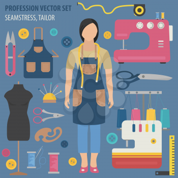 Profession and occupation set. Seamstress and tailor equipment, uniform flat design icon.Vector illustration 