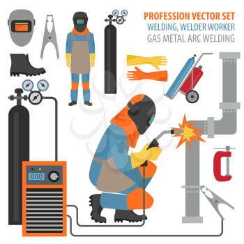 Profession and occupation set. Metal welding equipment, gas cutting flat design icon.Welder worker. Vector illustration 