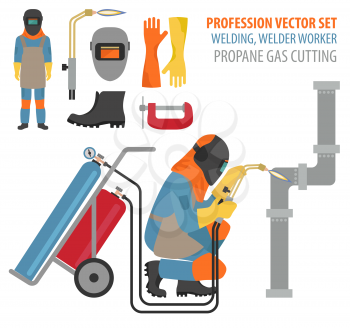 Profession and occupation set. Metal welding equipment, gas cutting flat design icon.Welder worker. Vector illustration 