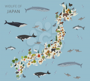 Flat design of Japan wildlife. Animals, birds and plants constructor elements isolated on white set. Build your own geography infographics collection. Vector illustration