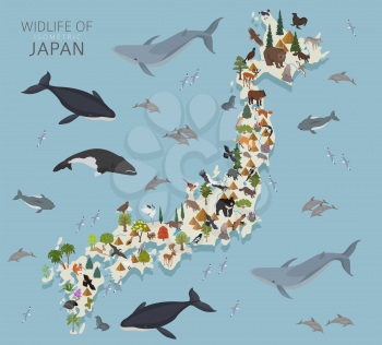 Isometric 3d design of Japan wildlife. Animals, birds and plants constructor elements isolated on white set. Build your own geography infographics collection. Vector illustration