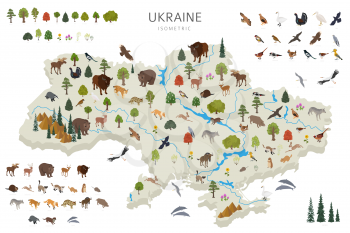 Isometric 3d design of Ukraina wildlife. Animals, birds and plants constructor elements isolated on white set. Build your own geography infographics collection. Vector illustration