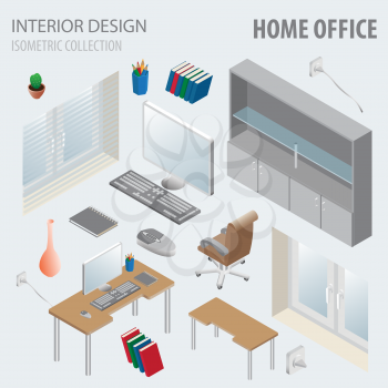 3d isometry interior design collection. Home office. Vector illustration