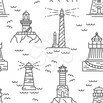 Lighthouses seamless pattern. Thin line vector design. Illustration