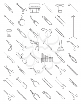 Medical instruments thin linear icon set. Gynecology, otorhinolaryngology, dentistry, surgery, therapy and other. Vector illustration