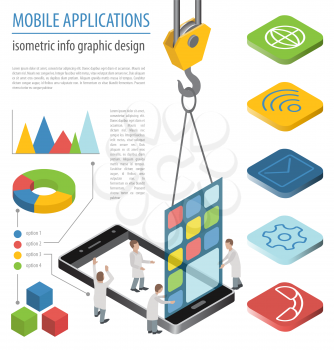 Mobile applications technology isometric collection. Software development and installation. Vector illustration