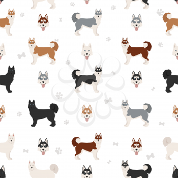 Siberian husky poses, coat colors seamless pattern.   Vector illustration